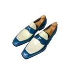 Oceano — Men's Teal Blue & Cream Ivory Two-Tone Leather Square-Toe Penny Slip-On Loafer Luxury Dress Shoes