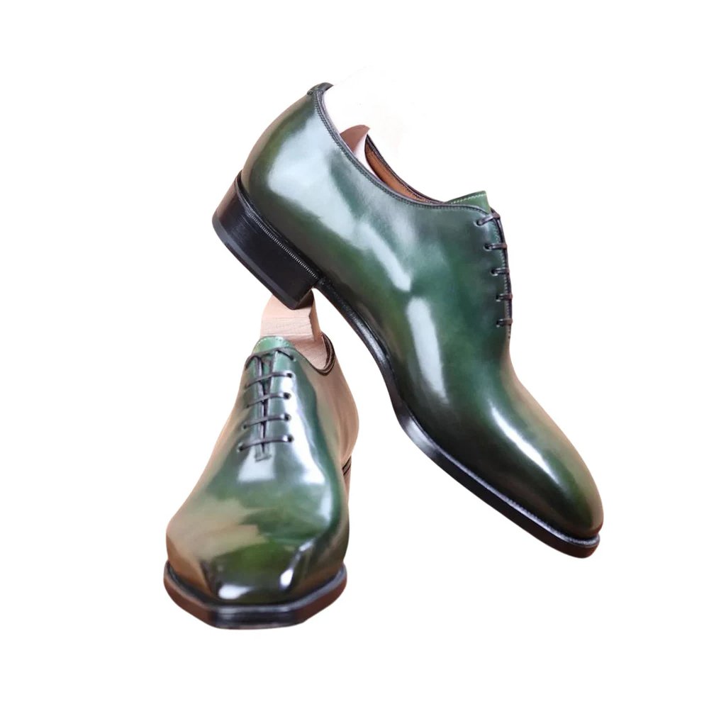 M105 Foresta — Men's Forest Olive Green Hand-Patina High-Shine Leather Wholecut Plain-Toe Lace-Up Oxford Luxury Dress Shoes with Leather Sole - Image 1
