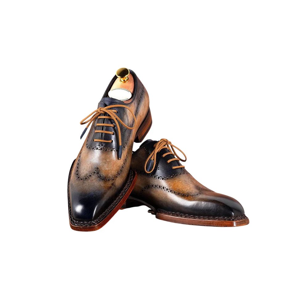 M107 Sfumato — Men's Grey & Tan Multi-Tone Hand-Patina Leather Wholecut Plain-Toe Lace-Up Derby Luxury Dress Shoes with Medallion Brogue Detail & Leather Welt Sole - Image 1
