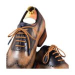 Sfumato — Men's Grey & Tan Multi-Tone Hand-Patina Leather Wholecut Plain-Toe Lace-Up Derby Luxury Dress Shoes with Medallion Brogue Detail & Leather Welt Sole - Image 2