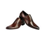 Acuto — Men's Dark Brown High-Shine Leather Pointed-Toe Medallion Brogue Lace-Up Oxford Formal Dress Shoes with Leather Sole