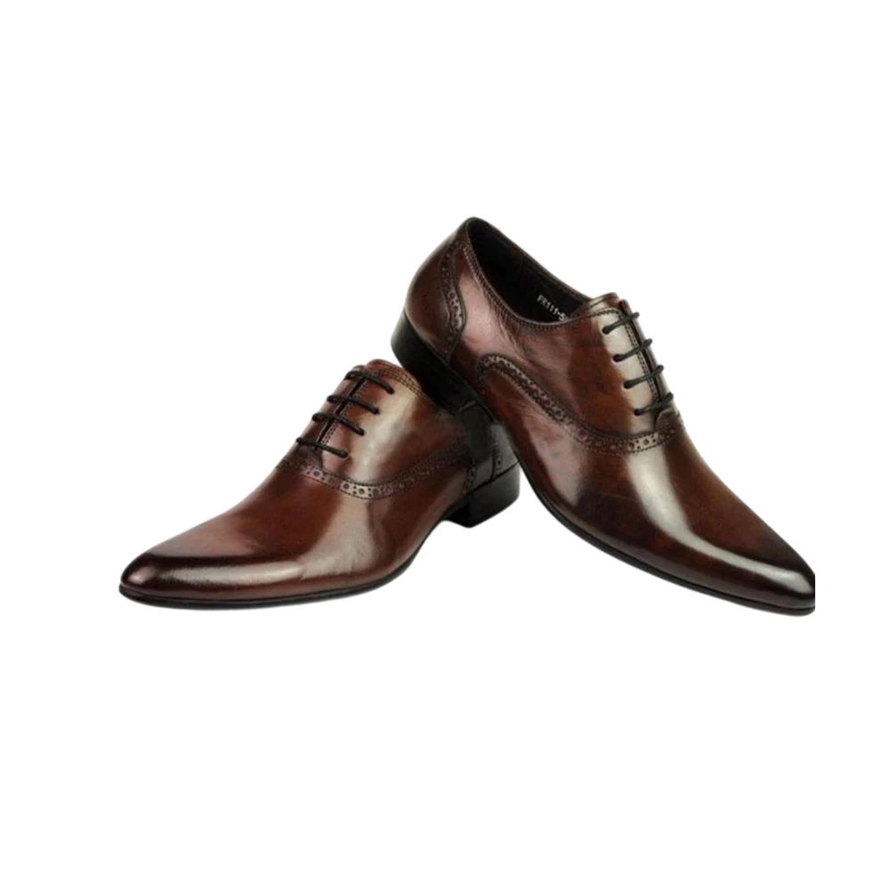 M109 Acuto — Men's Dark Brown High-Shine Leather Pointed-Toe Medallion Brogue Lace-Up Oxford Formal Dress Shoes with Leather Sole - Image 1