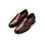 Romano — Men's Dark Cognac Brown Genuine Leather Penny Loafer Slip-On Smart Casual Dress Shoes with Leather Sole