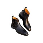 Cavaliere — Men's Navy Dark Grey Hand-Patina Leather Jodhpur Strap Square-Toe Ankle Dress Boots with Leather Sole