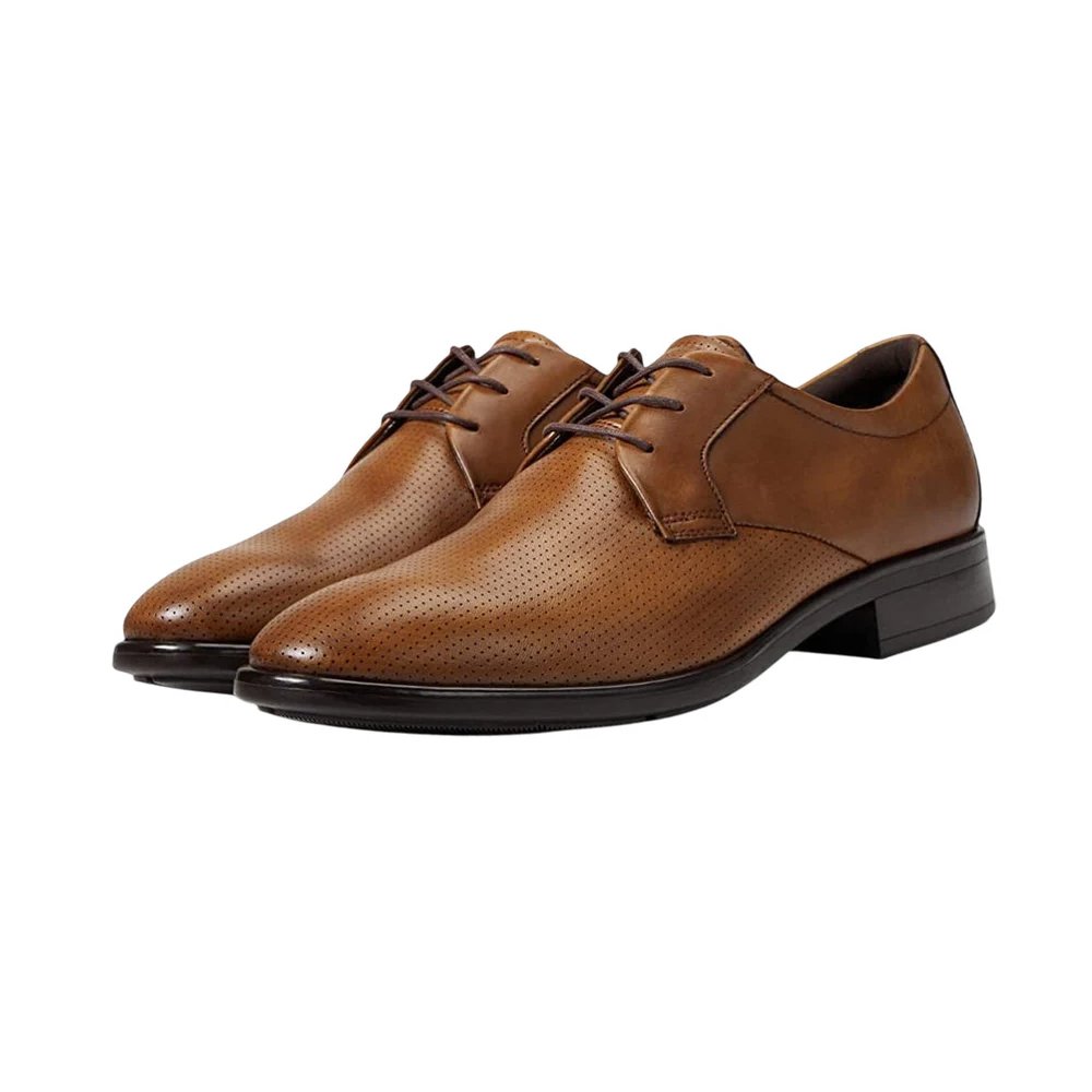 M117 Traforato — Men's Tan Cognac Perforated Leather Plain-Toe Lace-Up Derby Smart Casual Dress Shoes with Rubber Sole - Image 1