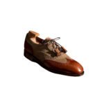 Cacciatore — Men's Tan Leather & Beige Canvas Two-Tone Wingtip Brogue Kilted Tassel Lace-Up Oxford Dress Shoes