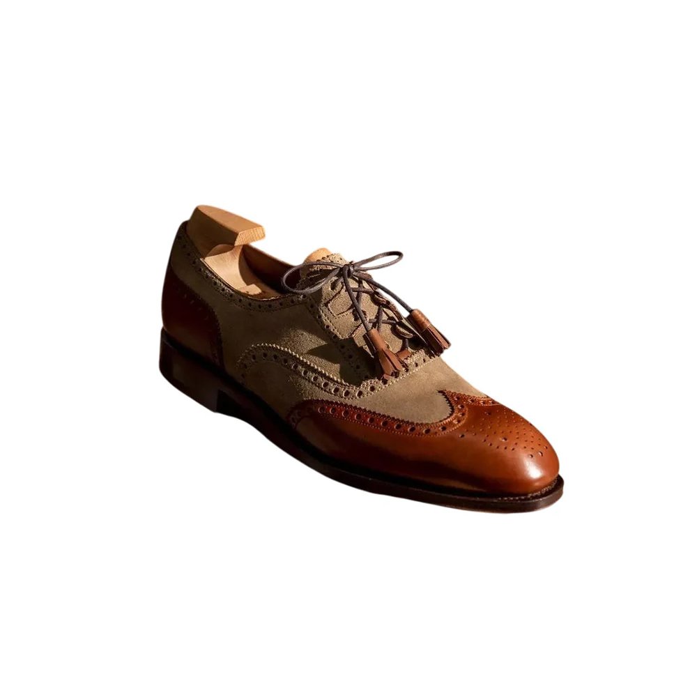 M119 Cacciatore — Men's Tan Leather & Beige Canvas Two-Tone Wingtip Brogue Kilted Tassel Lace-Up Oxford Dress Shoes - Image 1