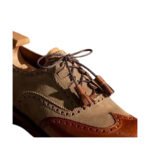 Cacciatore — Men's Tan Leather & Beige Canvas Two-Tone Wingtip Brogue Kilted Tassel Lace-Up Oxford Dress Shoes - Image 2