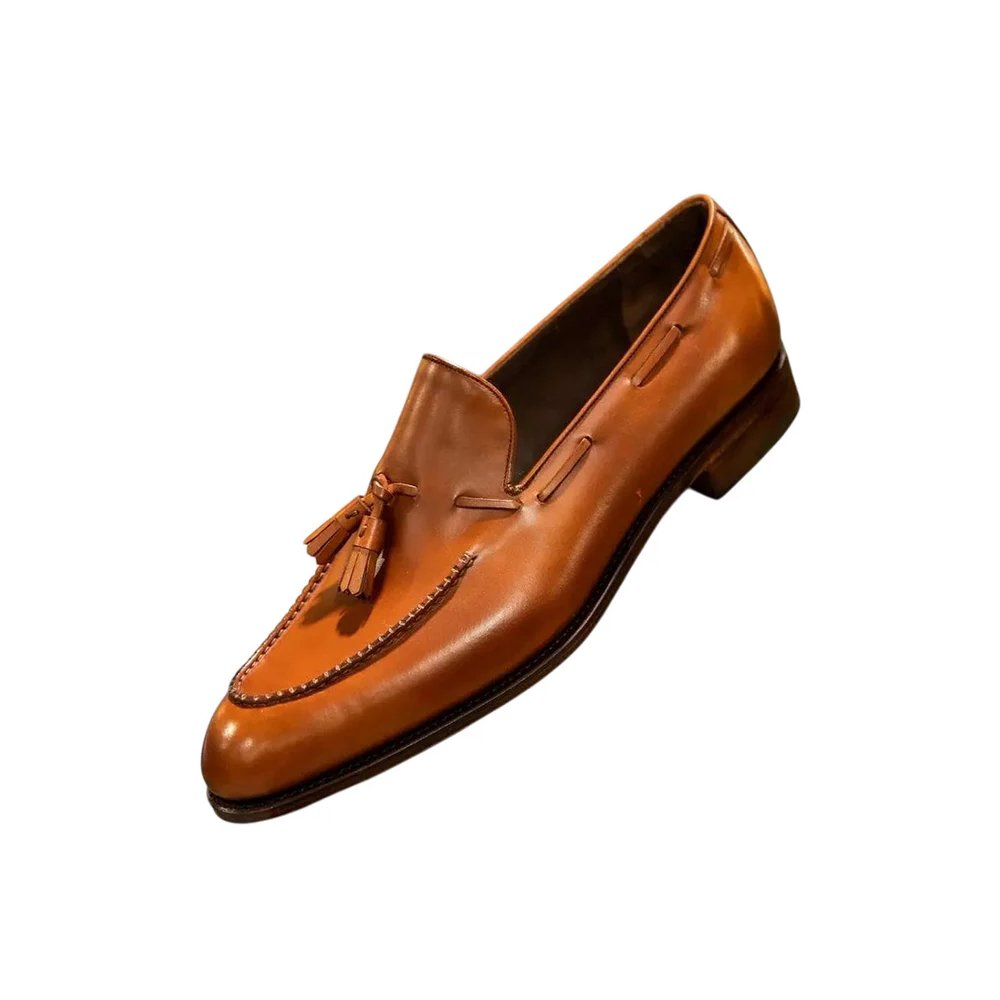 M121 Fiocco — Men's Tan Cognac Hand-Burnished Leather Pointed-Toe Tassel Slip-On Loafer Luxury Dress Shoes with Leather Sole - Image 1