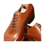 Classico — Men's Tan Cognac Leather Cap-Toe Quarter Brogue Lace-Up Oxford Formal Dress Shoes with Leather Welt Sole - Image 2
