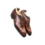 Antico — Men's Dark Brown Hand-Burnished Leather Cap-Toe Quarter Brogue Lace-Up Oxford Luxury Dress Shoes with Patina Finish & Leather Sole