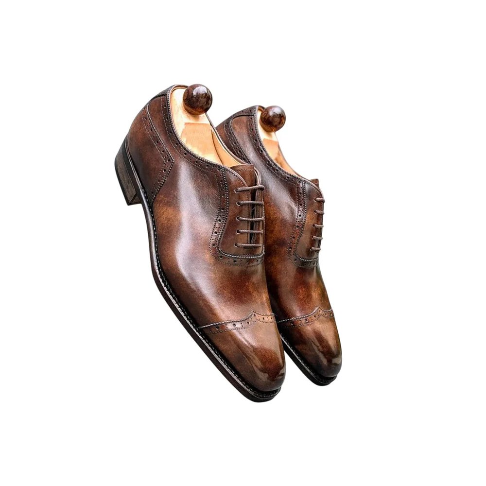 M127 Antico — Men's Dark Brown Hand-Burnished Leather Cap-Toe Quarter Brogue Lace-Up Oxford Luxury Dress Shoes with Patina Finish & Leather Sole - Image 1