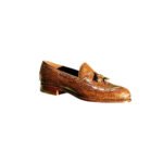 Coccodrillo — Men's Tan Cognac Crocodile Embossed Leather Tassel Slip-On Loafer Luxury Exotic Dress Shoes with Leather Sole