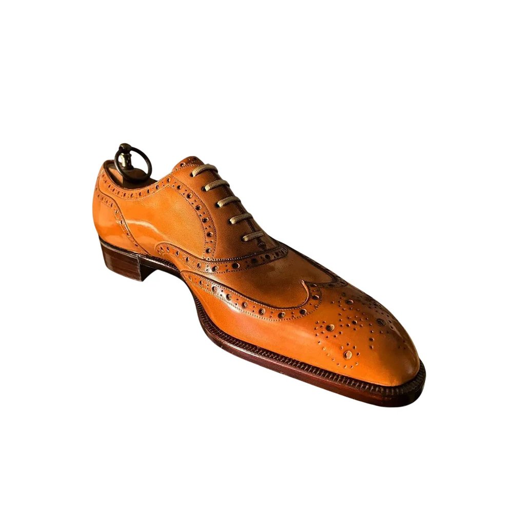 M135 Splendore — Men's Tan Cognac High-Shine Leather Wingtip Full-Brogue Lace-Up Oxford Luxury Dress Shoes with Leather Welt Sole - Image 1
