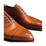 Pregiato — Men's Tan Cognac High-Shine Leather Cap-Toe Quarter Brogue Lace-Up Oxford Formal Dress Shoes with Leather Sole - Image 2