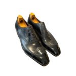 Grigio — Men's Dark Navy Charcoal Grey Polished Leather Cap-Toe Quarter Brogue Square-Toe Lace-Up Oxford Formal Dress Shoes with Leather Sole