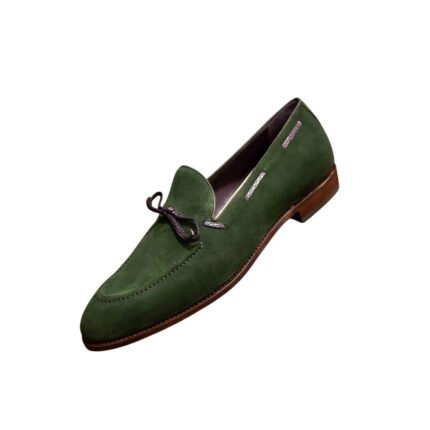 Fiore — Men's Olive Forest Green Suede Bow-Tie Pointed-Toe Slip-On Loafer Smart Casual Dress Shoes with Leather Sole
