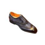 Aldric — Men's Dark Navy Blue Leather Wingtip Brogue Oxford Lace-Up Formal Dress Shoes with Orange Leather Lining and Leather Sole