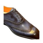 Aldric — Men's Dark Navy Blue Leather Wingtip Brogue Oxford Lace-Up Formal Dress Shoes with Orange Leather Lining and Leather Sole - Image 2