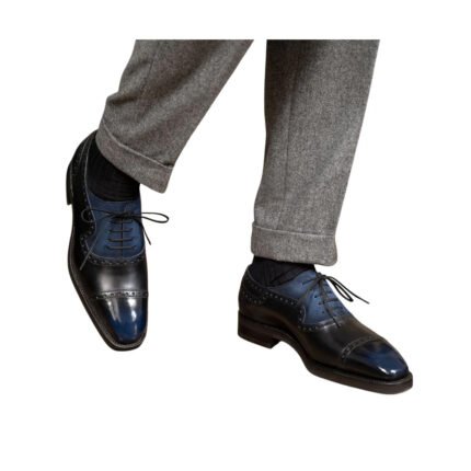 Remington — Men's Two-Tone Navy Blue & Black Leather Cap-Toe Oxford Brogue Lace-Up Formal Dress Shoes with Leather Sole