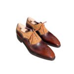 Harrington — Men's Two-Tone Tan Brown & Camel Suede Leather Wingtip Brogue Oxford Lace-Up Formal Dress Shoes with Leather Sole