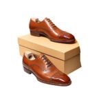 Clifton — Men's Tan Brown Genuine Leather Cap-Toe Oxford Brogue Lace-Up Formal Dress Shoes with Leather Sole
