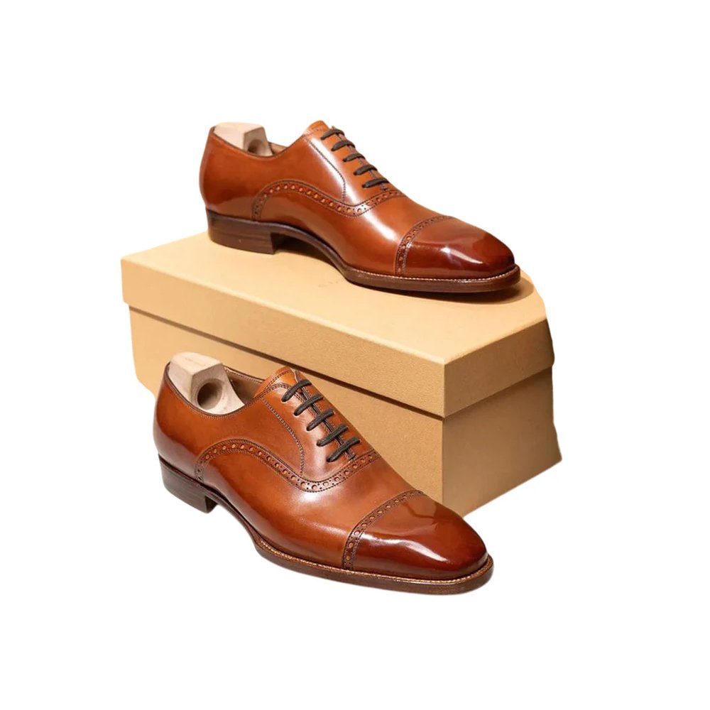 M149 Clifton — Men's Tan Brown Genuine Leather Cap-Toe Oxford Brogue Lace-Up Formal Dress Shoes with Leather Sole - Image 1