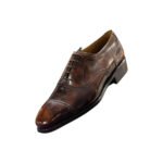 Barlow — Men's Dark Brown Burnished Leather Cap-Toe Oxford Brogue Lace-Up Formal Dress Shoes with Leather Sole