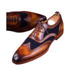 Stratton — Men's Two-Tone Cognac Brown Leather & Navy Suede Wingtip Brogue Oxford Lace-Up Formal Dress Shoes with Leather Sole