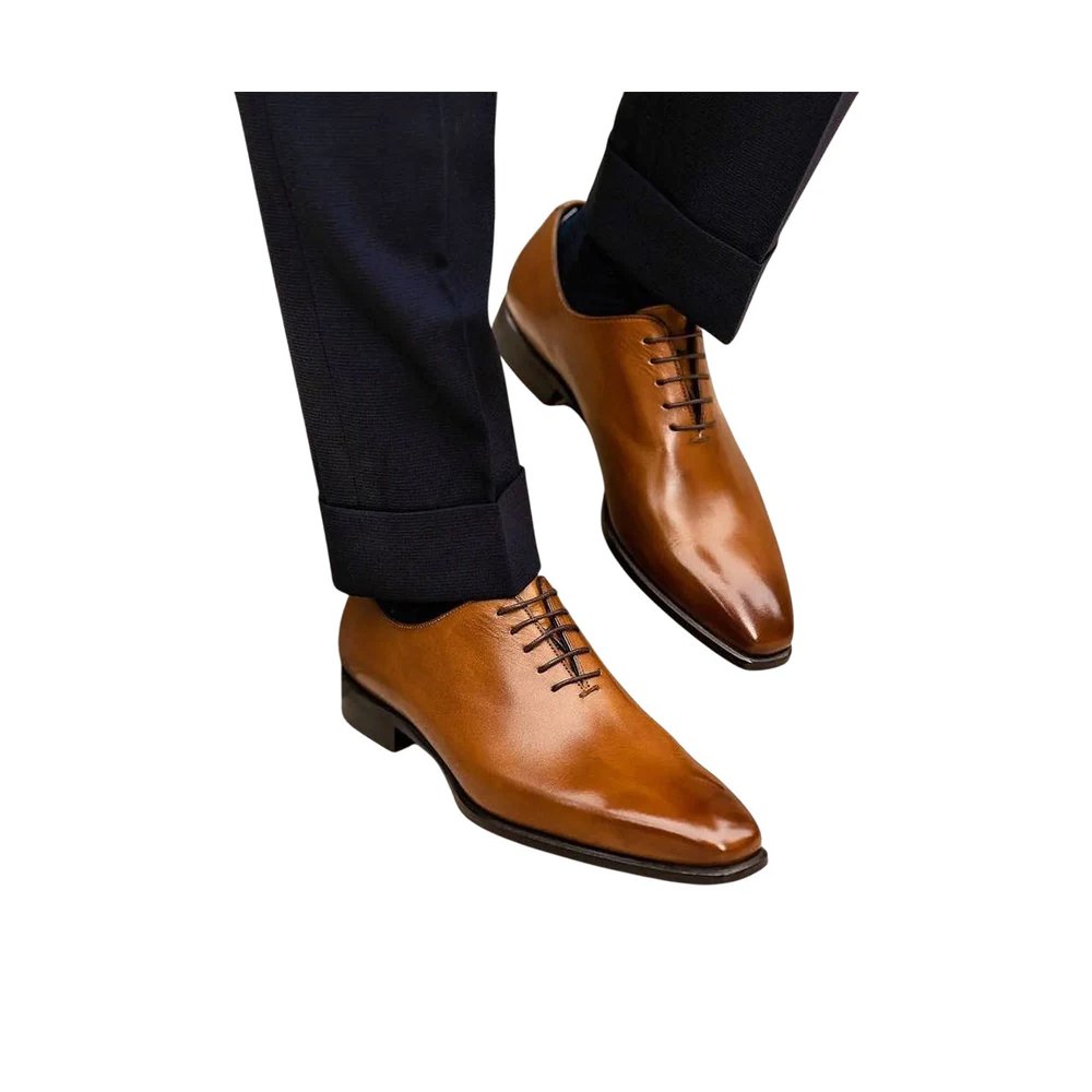 M155 Maxwell — Men's Tan Cognac Genuine Leather Wholecut Oxford Lace-Up Formal Dress Shoes with Leather Sole - Image 1