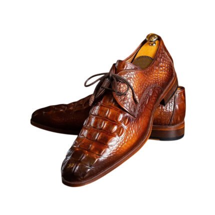 Caiman — Men's Cognac Brown Genuine Crocodile Leather Derby Lace-Up Formal Dress Shoes with Leather Sole