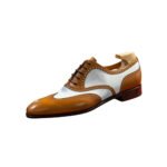 Lennox — Men's Two-Tone Tan Brown & White Genuine Leather Wingtip Brogue Oxford Lace-Up Formal Dress Shoes with Leather Sole