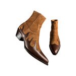 Maverick — Men's Two-Tone Tan Suede & Dark Brown Leather Flame Western Cowboy Ankle Boots with Leather Sole