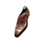 Brixton — Men's Dark Cognac Brown Burnished Genuine Leather Cap-Toe Oxford Brogue Lace-Up Formal Dress Shoes with Leather Sole