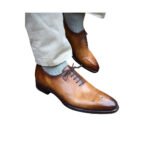 Chester — Men's Cognac Tan Burnished Genuine Leather Medallion Toe Oxford Lace-Up Formal Dress Shoes with Leather Sole