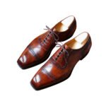 Kingsley — Men's Cognac Brown Burnished Genuine Leather Cap-Toe Oxford Brogue Lace-Up Formal Dress Shoes with Leather Sole