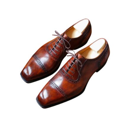 Kingsley — Men's Cognac Brown Burnished Genuine Leather Cap-Toe Oxford Brogue Lace-Up Formal Dress Shoes with Leather Sole