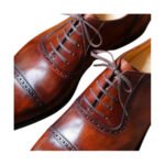 Kingsley — Men's Cognac Brown Burnished Genuine Leather Cap-Toe Oxford Brogue Lace-Up Formal Dress Shoes with Leather Sole - Image 2