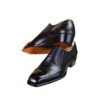 Venetio — Men's Dark Navy Blue Genuine Leather Cap-Toe Brogue Slip-On Loafer Formal Dress Shoes with Orange Leather Lining and Leather Sole