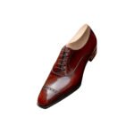Bordeaux — Men's Deep Burgundy Wine Genuine Leather Cap-Toe Oxford Brogue Lace-Up Formal Dress Shoes with Leather Sole
