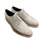 Bianco — Men's White Textured Leather Wingtip Brogue Lace-Up Oxford Shoes with Pink Sole