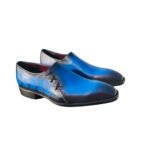 Celeste — Men's Royal Blue Patina Hand-Painted Genuine Leather Wholecut Slip-On Loafer Formal Dress Shoes with Leather Sole