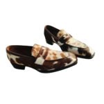 Pampa — Men's Brown & White Cowhide Hair-On Leather Penny Loafer Slip-On Smart Casual Dress Shoes with Leather Sole