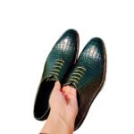 Verdano — Men's Forest Green Genuine Crocodile Embossed Leather Wholecut Oxford Lace-Up Formal Dress Shoes with Orange Leather Sole - Image 2