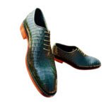 Verdano — Men's Forest Green Genuine Crocodile Embossed Leather Wholecut Oxford Lace-Up Formal Dress Shoes with Orange Leather Sole