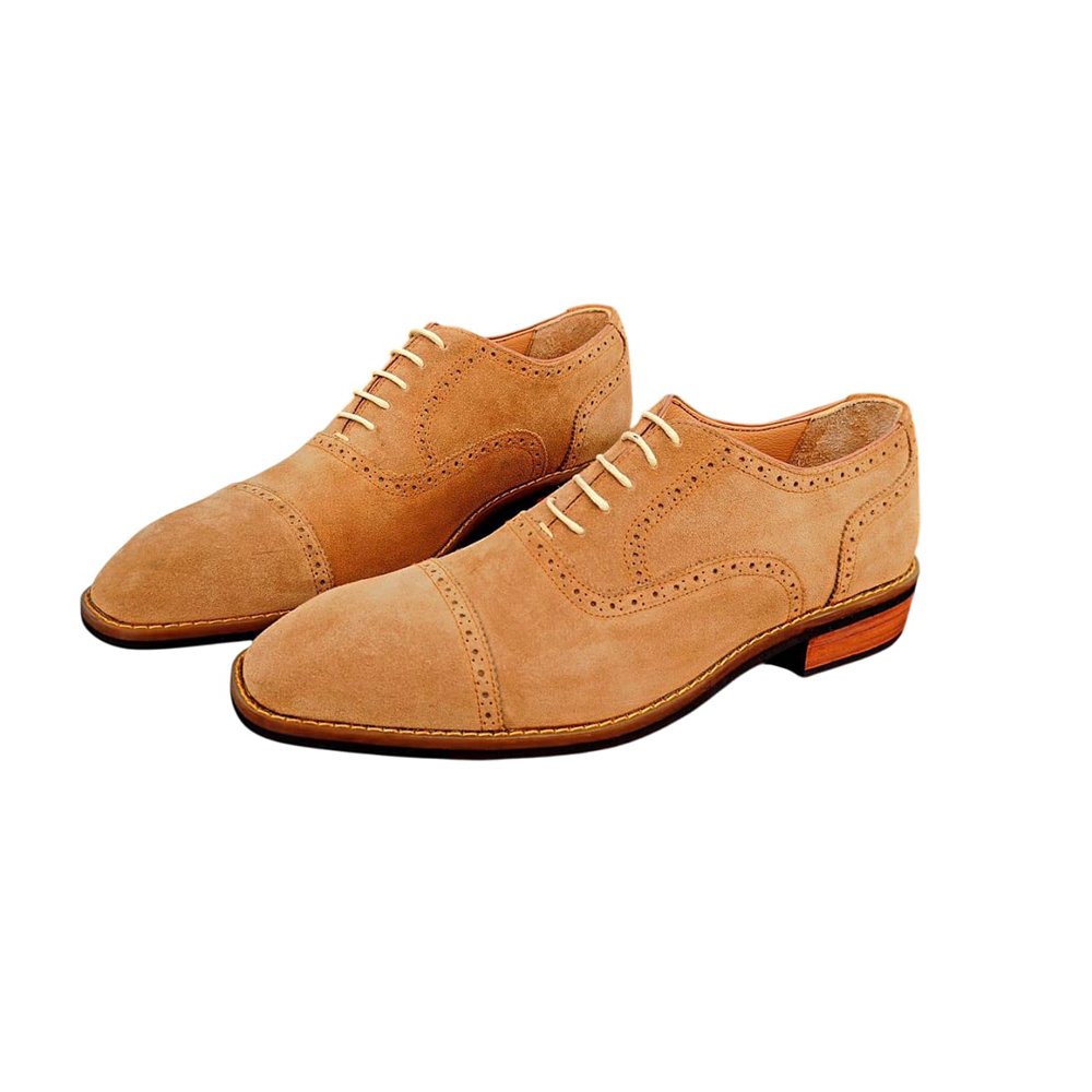 M271 Sabbia — Men's Sand Beige Genuine Suede Cap-Toe Oxford Brogue Lace-Up Smart Casual Dress Shoes with Leather Sole - Image 1