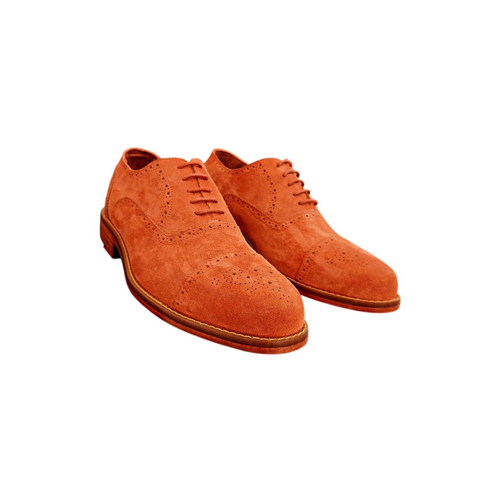 M273 Arancio — Men's Burnt Orange Genuine Suede Wingtip Brogue Oxford Lace-Up Smart Casual Dress Shoes with Leather Sole - Image 1