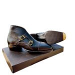 Buckley — Men's Jet Black Genuine Leather Double Monk Strap Cap-Toe Ankle Boots with Leather Sole