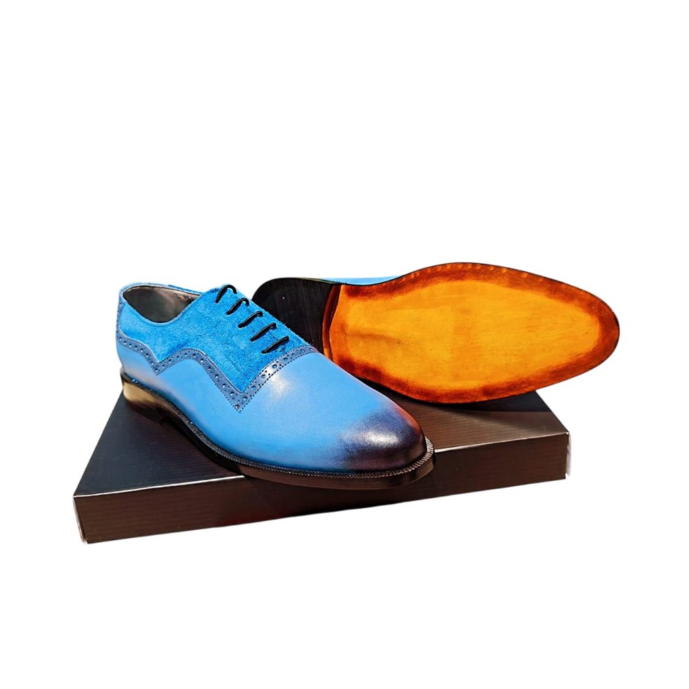 M282 Cielo — Men's Sky Blue Genuine Leather Cap-Toe Oxford Brogue Lace-Up Formal Dress Shoes with Orange Leather Sole - Image 1