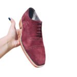 Vino — Men's Deep Burgundy Wine Genuine Suede Cap-Toe Oxford Brogue Lace-Up Smart Casual Dress Shoes with White Leather Sole - Image 3